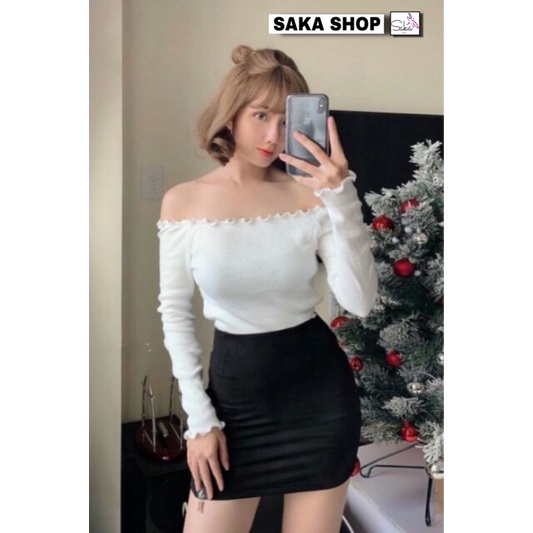 Áo croptop nữ trễ vai tay dài cuốn biên nhiều màu