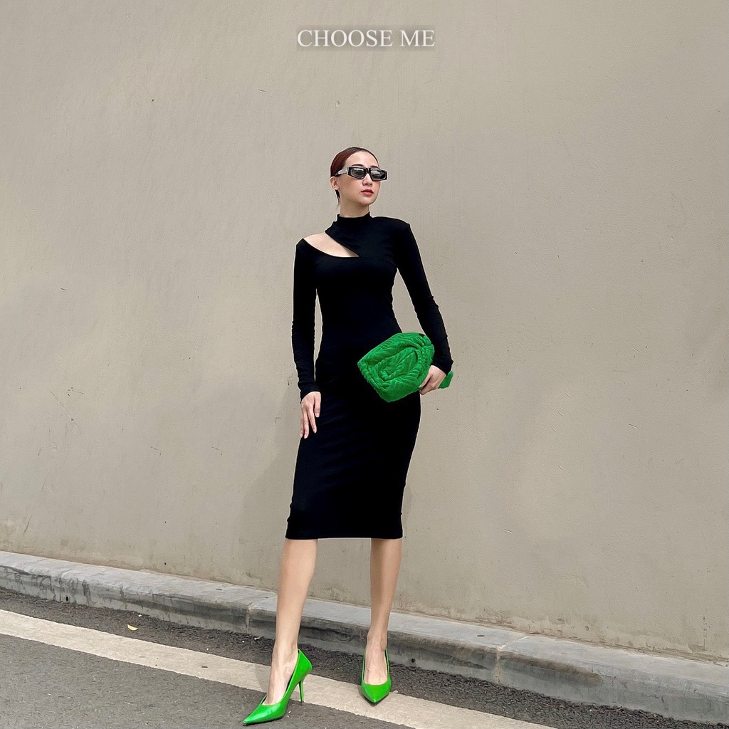 Váy Body Khoét Vai Dài Tay, Váy Thun Ôm Body Màu Đen Dáng Dài - Choose Me KLP | BigBuy360 - bigbuy360.vn