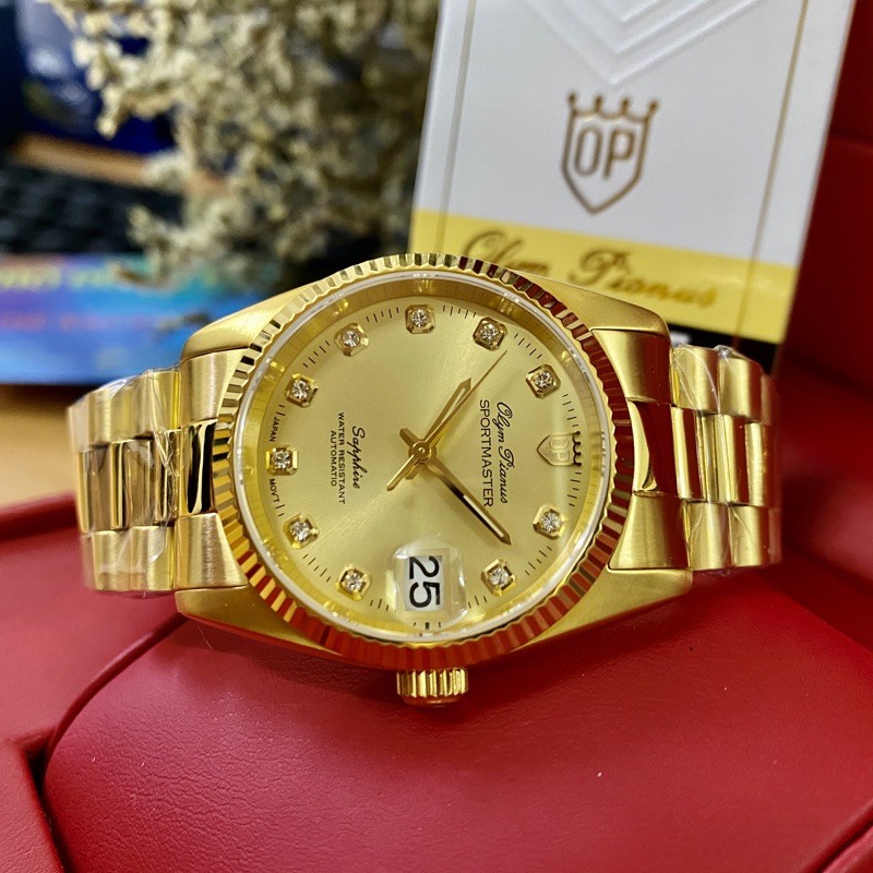 Đồng hồ nam dây kim loại mặt kính sapphire automatic Olym Pianus OP89322 OP89322AGK vàng