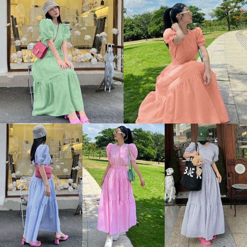 Set áo croptop tay phồng kèm chân váy maxi xoè sọc