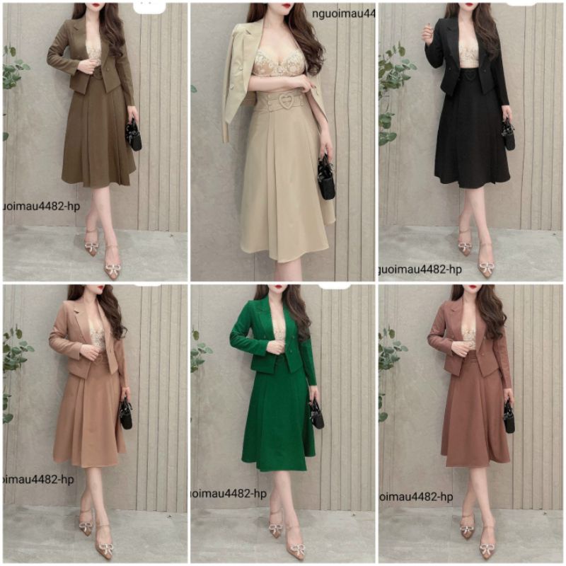 Set vest áo cổ 2 ve 1 lớp, chân váy xòe được thiết kế may kỹ cầu kỳ, bảng màu siêu hot, chất vải mướt đẹp Anh thật