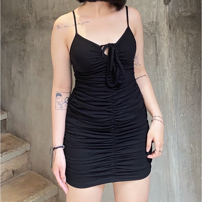 Đầm body bigsize 2 dây sexy đen tôn dáng dây rút MUP Bigsize DBD01 | BigBuy360 - bigbuy360.vn