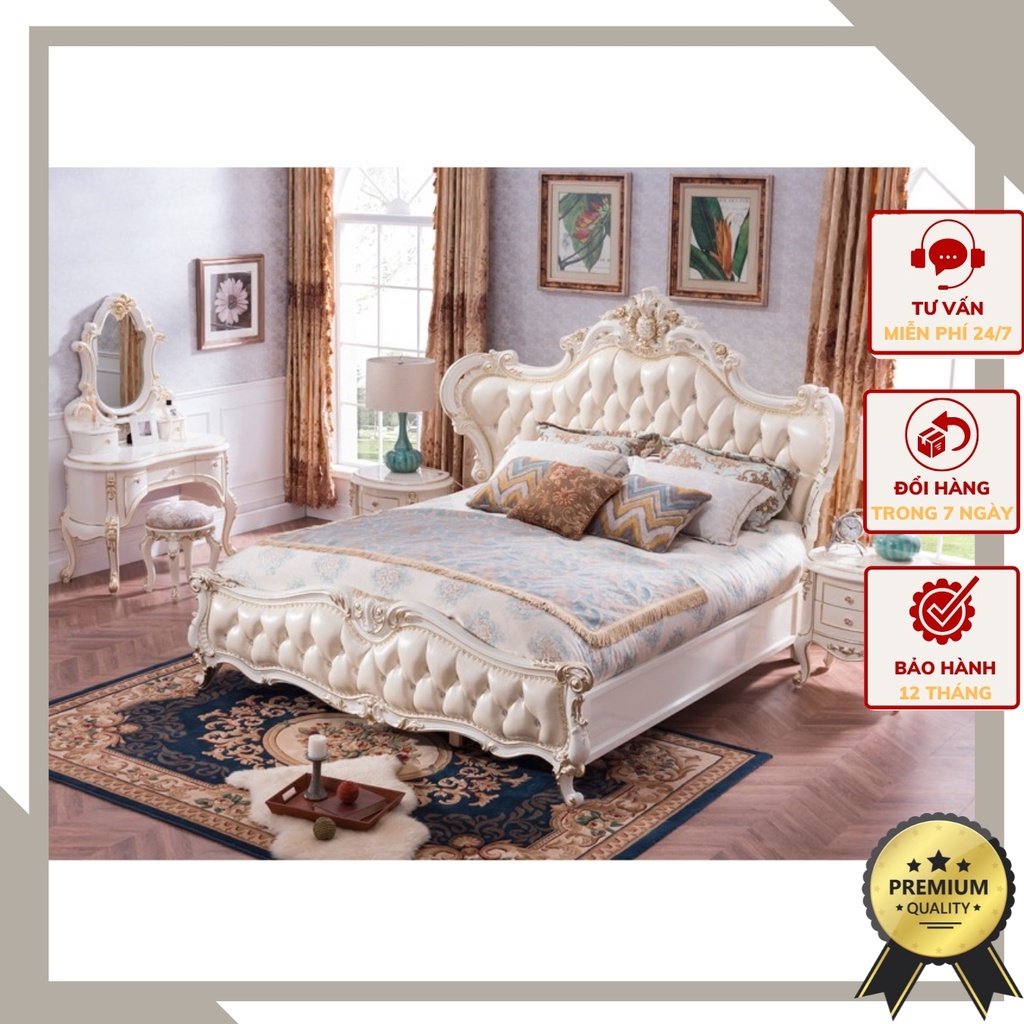 Giường ngủ tân cổ điển khung gỗ thịt bọc da bò thật nguyên miếng sang trọng và đẳng cấp BED-806-TRANG-FB