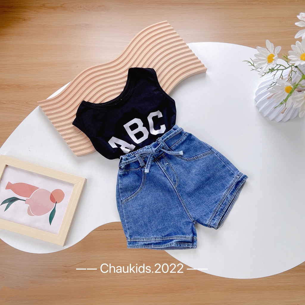 Bộ cộc tay bé gái, set bộ áo ba lỗ ABC kèm quần short Jean siêu cá tính cho bé