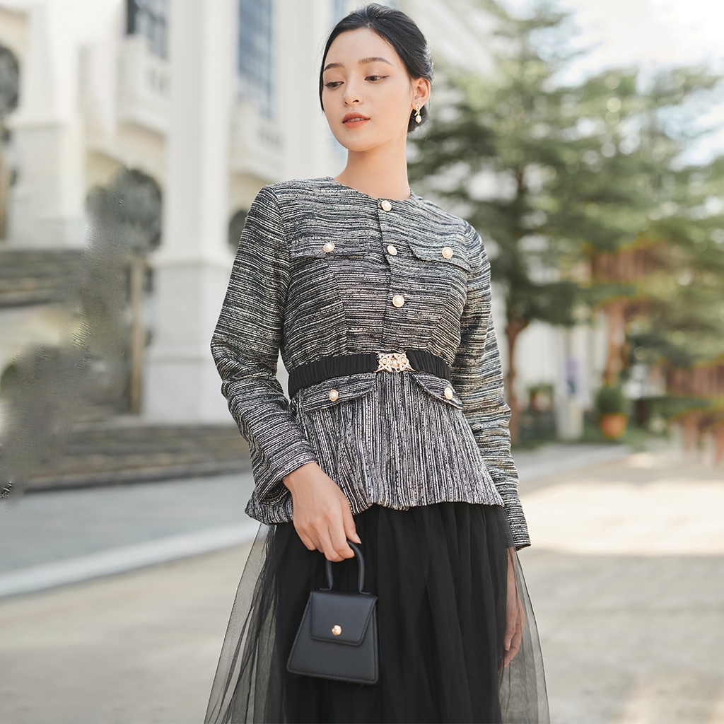 Áo Dạ Tweed Nữ Dáng Ngắn Tay Dài LEOSWEARING Áo Sơ Mi Công Sở Thu Đông Cổ Tròn Túi Giả Đính Nút Tôn Dáng  D43