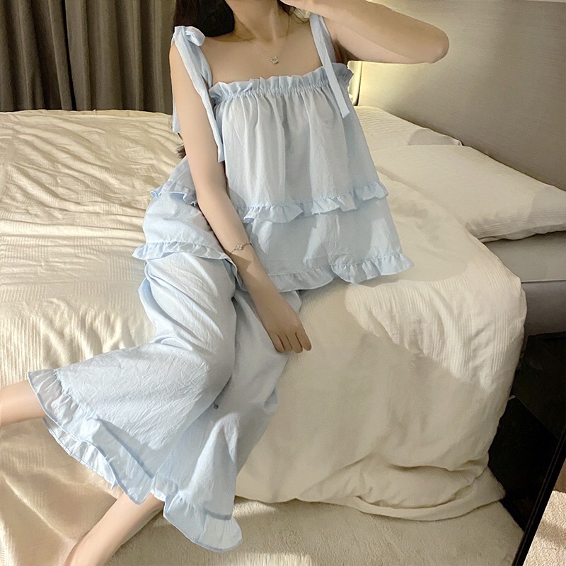 Đồ Ngủ_ Đồ Bộ Nữ Mặc Nhà Chất Mát 2 Dây Thắt Nơ Viền Bèo Quảng Châu