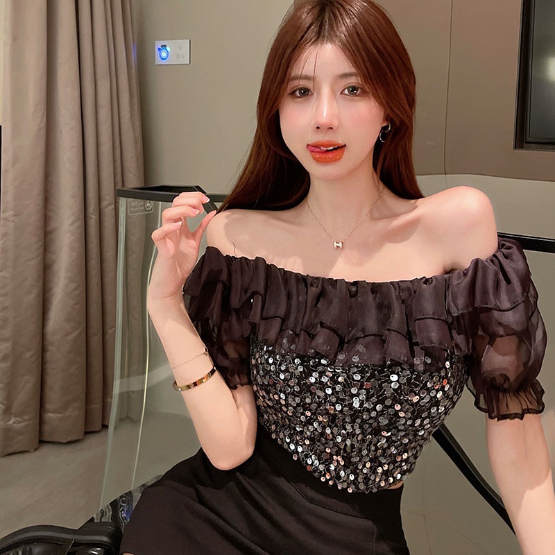 Áo Chiffon Tay Ngắn Hở Vai Đính Kim Sa Lấp Lánh Quyến Rũ Dành Cho Nữ