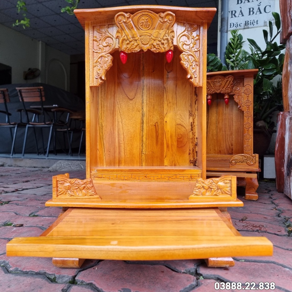 Bàn thờ thần tài ông địa gỗ xoan ngang 42cm chân quỳ kèm đôn gỗ mẫu mới