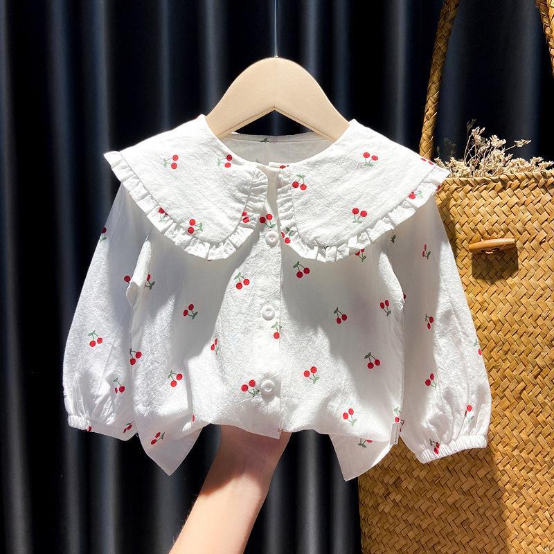 IU Autumn Baby Girl Cute Cherry Print Doll Collar Design Blouse Casual Kids Sweet Long Sleeve Clothes