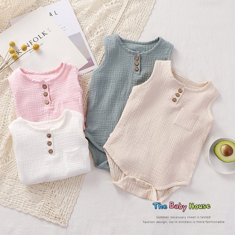 Bộ Áo Liền Thân Cho Bé  𝐅𝐑𝐄𝐄𝐒𝐇𝐈𝐏 Bodysuit Vải Xô Muslin Thoáng Mái Thoải Mái Dễ Thương Cho Bé Trai Bé Gái