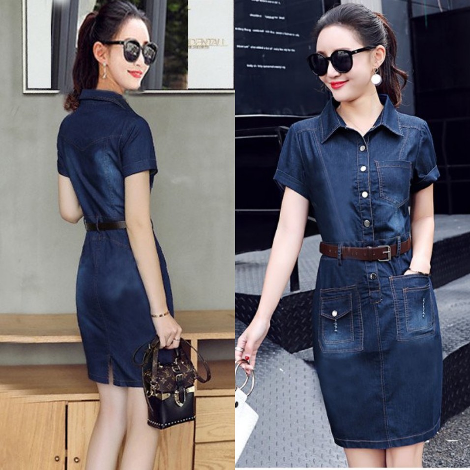 ĐẦM JEAN CỔ SƠ MI PHỐI TÚI RÁCH NHẸ SANG TRỌNG