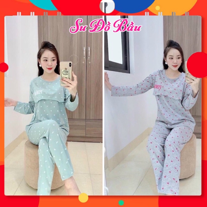 Bộ Đồ Bầu Dài Tay PINK, Trước Và Sau Sinh Tiện Cho Bé Bú, Chất Liệu Cotton