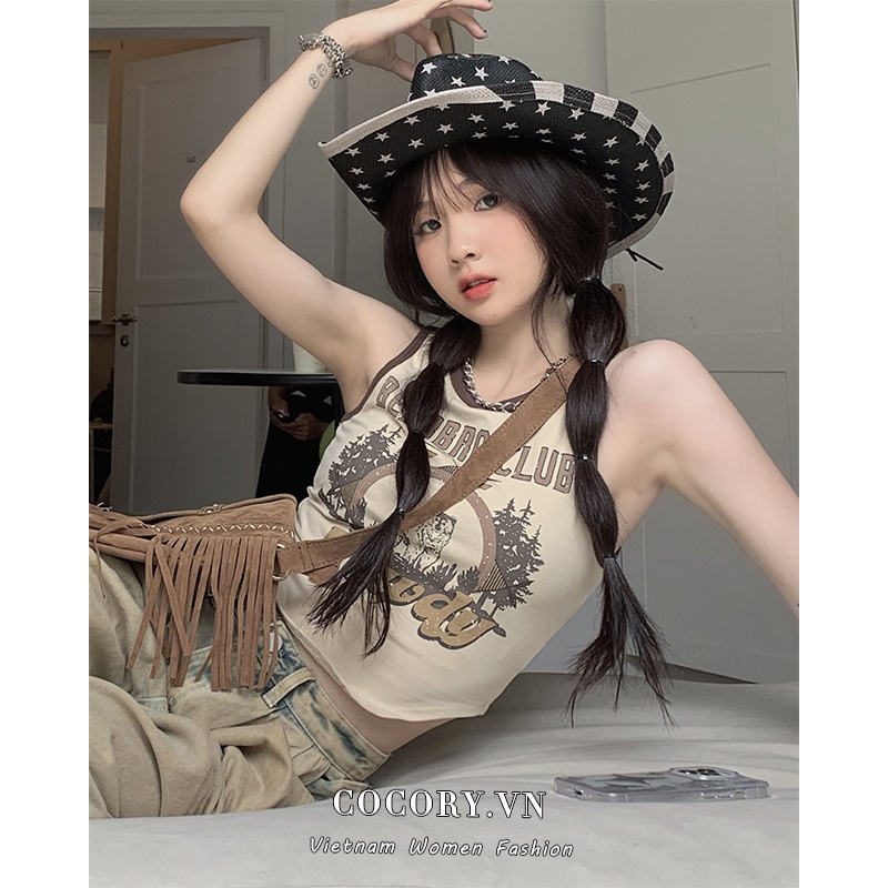 Cocory vn Áo Croptop Không Tay In Họa Tiết Vintage Quyến Rũ Dành Cho Nữ