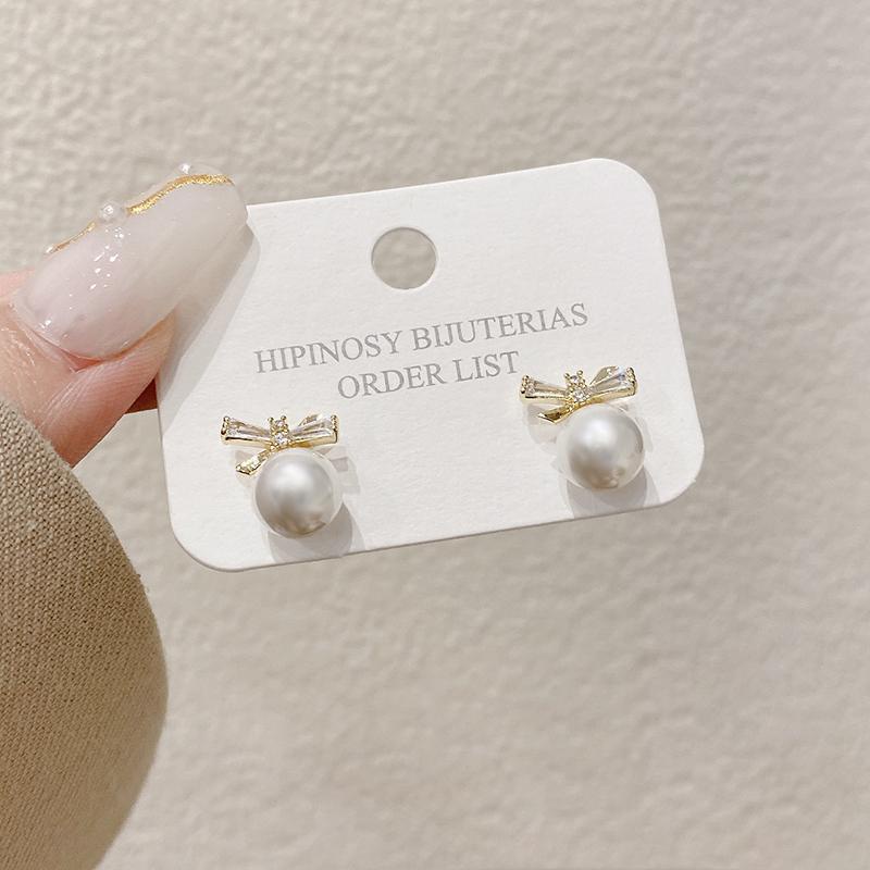 Bông tai hình nơ đính đá Zircon phối ngọc trai nhân tạo phong cách châu Âu thời trang mùa hè cho nữ