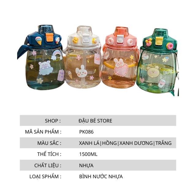 BÌNH ĐỰNG NƯỚC NHỰA 1500ML - BÌNH NƯỚC KÈM STICKER CÓ DÂY ĐEO CUTE,DỄ THƯƠNG,XINH XẮN PHONG CÁCH HÀN QUỐC - DAUBE -PK086