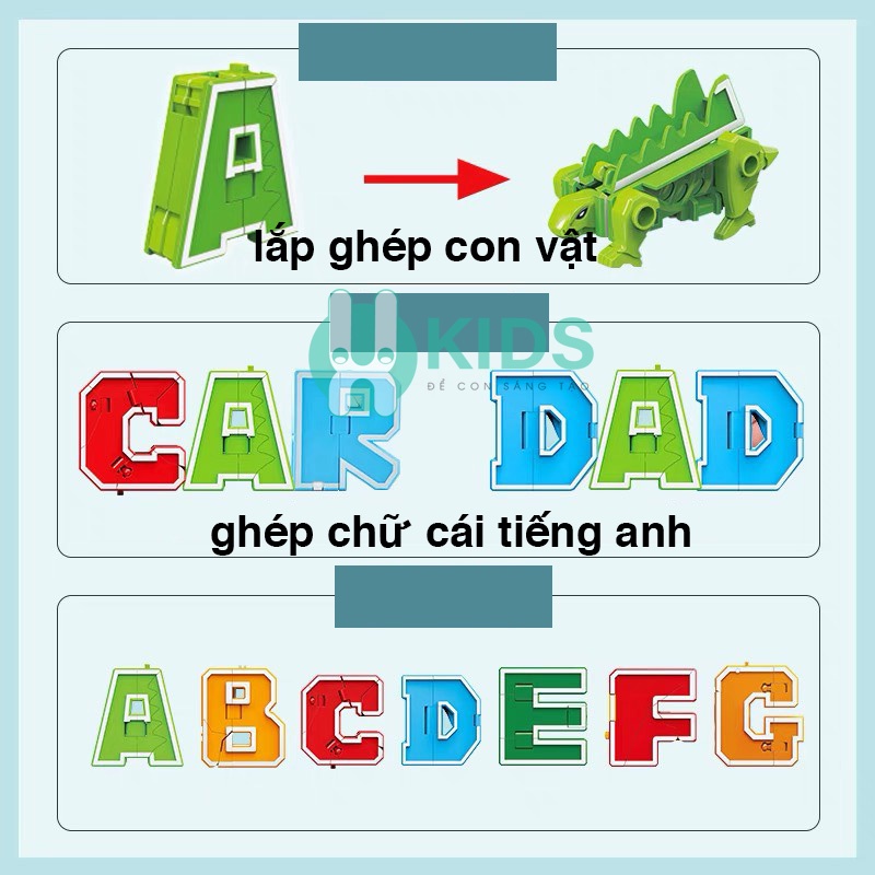 Đồ chơi 26 chữ cái A-Z biến hình thành động vật, lắp ghép robot thông minh trí tuệ cho bé trai, bé gái