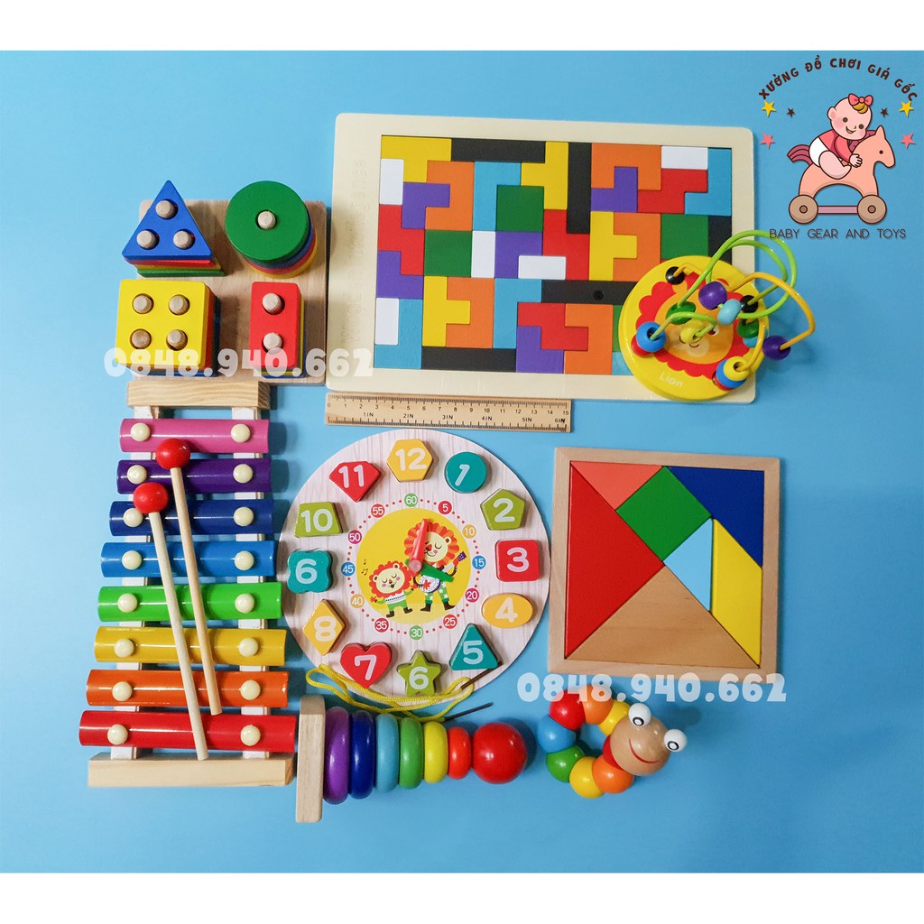 [COMBO SIÊU RẺ] Bộ combo 8 loại đồ chơi gỗ phát triển trí tuệ cho bé, đồ chơi giáo dục sớm, giáo cụ Montessori