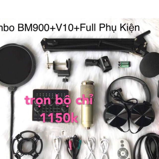 TRỌN BỘ COMBO micro BM900 + soundcard V10 + FULL PHỤ KIỆN