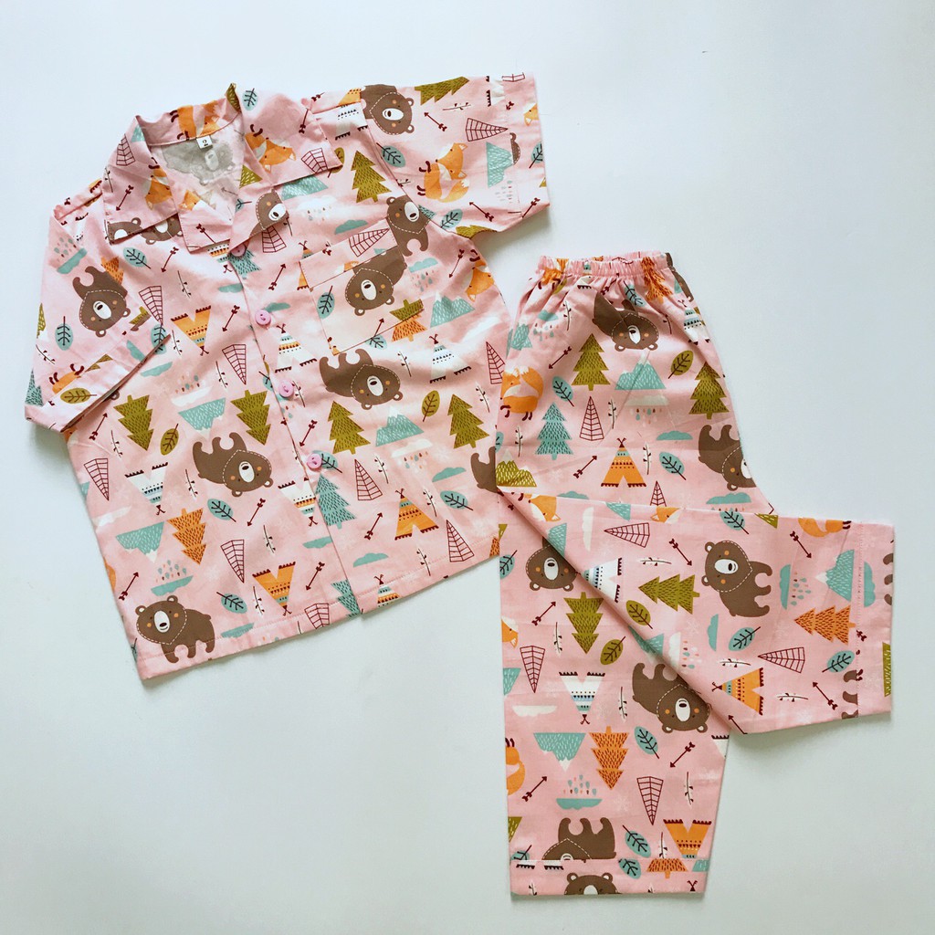 Pijama cho bé Thô cotton mềm mịn hút mồ hôi - Gấu và cáo hồng 10-40kg