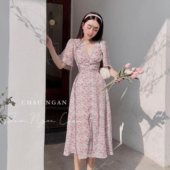 Đầm hoa nhí vintage dáng xòe tay cánh tiên