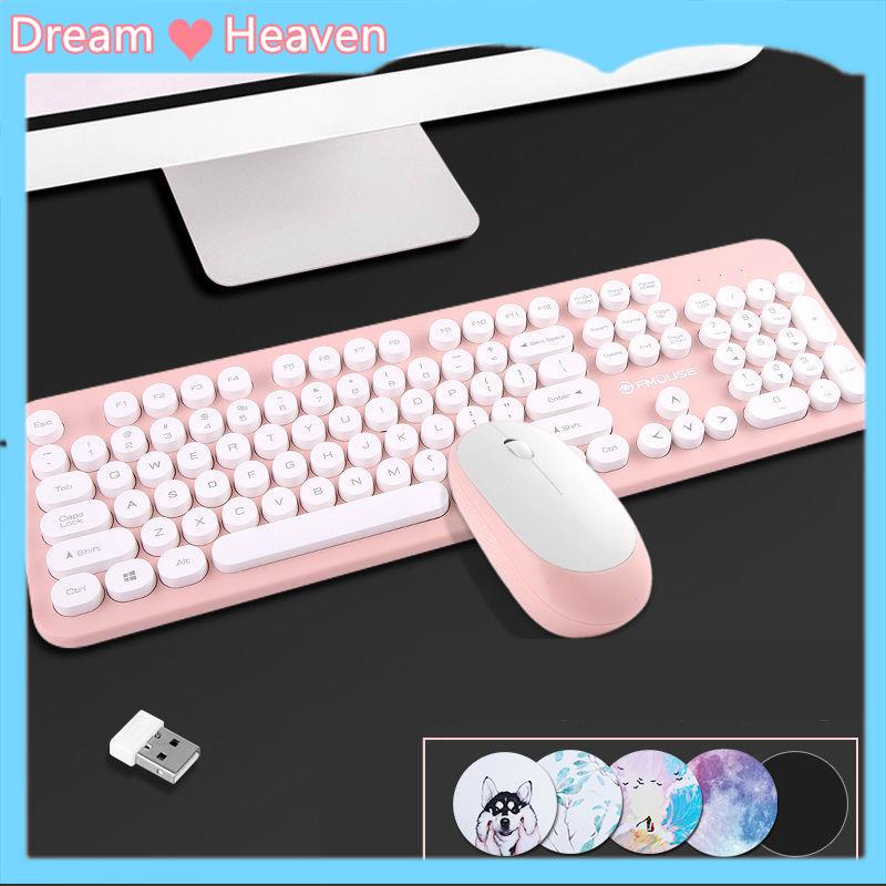 Dream Heaven-Bộ bàn phím và chuột không dây cho bé gái văn phòng gia đình màu hồng đáng yêu câm máy tính xách tay retro