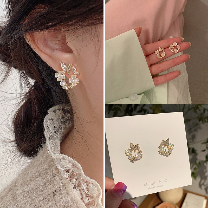 Bông Tai Mạ Bạc 925 Hình Bướm Đính Ngọc Trai Thời Trang Hàn Quốc Cho Nữ