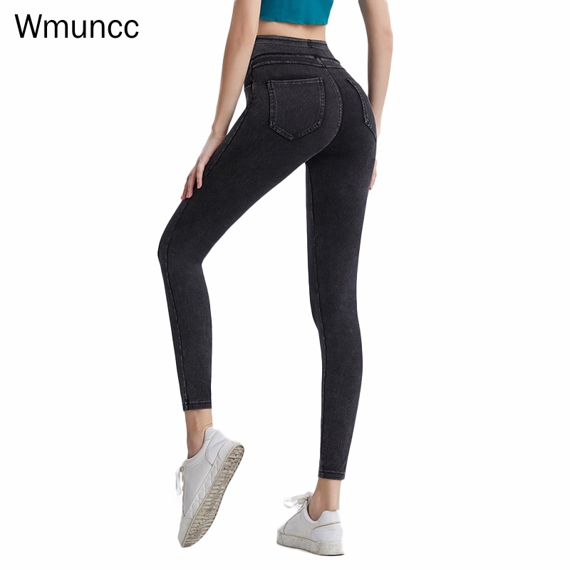 Wmuncc Quần Jean Tập Yoga Lưng Cao Phối Túi Đôi Thời Trang Trẻ Trung Cho Nữ