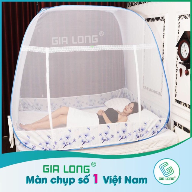 Mùng chụp tự bung Gia long Đỉnh vuông có chân hoa | Màn Gia long chống muỗi gấp gọn (rộng 1m6-1m8-2m2) dài 2m cao 1m6