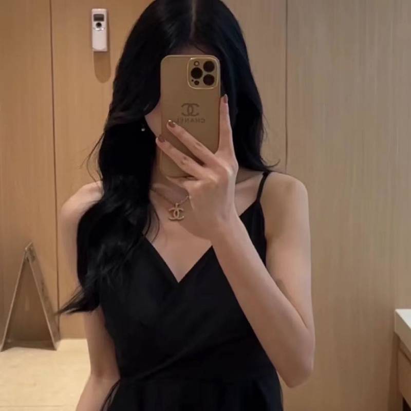 Đầm dây treo IELGY kiểu lưới màu đen cho nữ