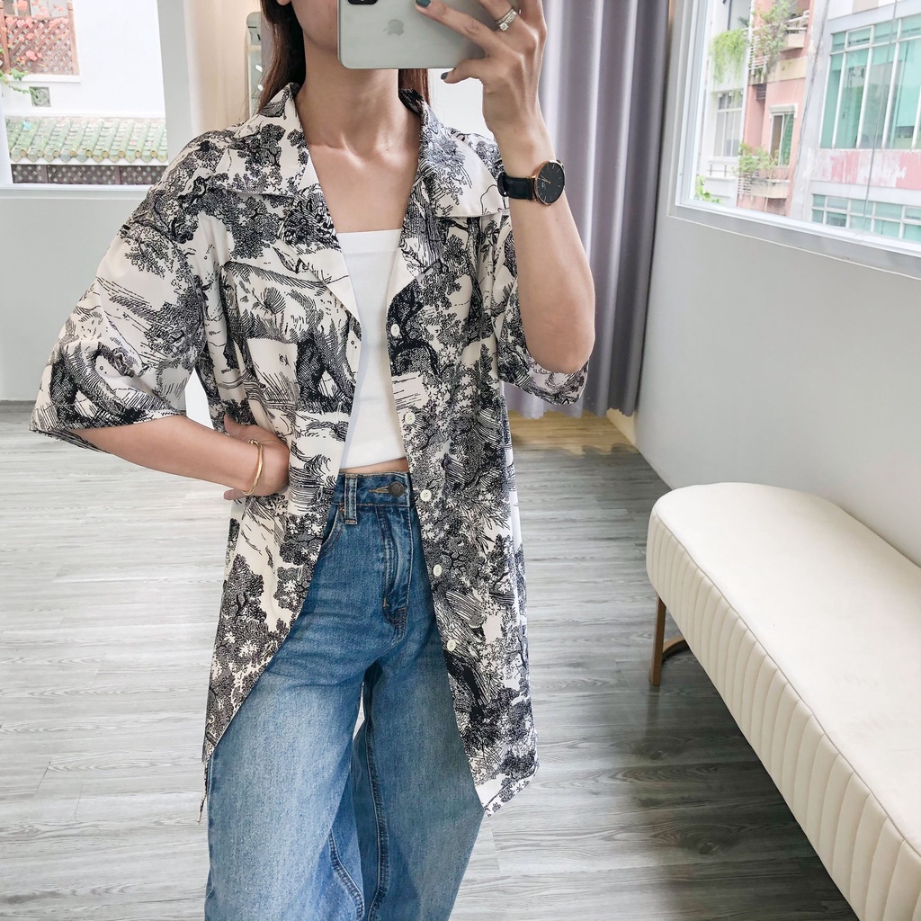 Áo Somi Unisex tay ngắn sơn thủy trắng đen