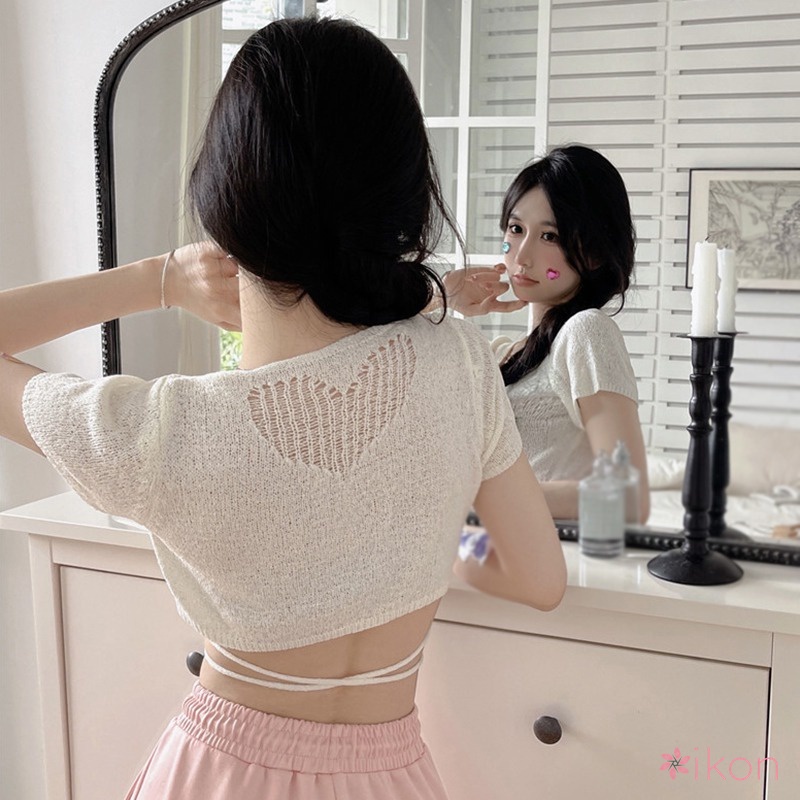 Áo Croptop Dệt Kim Tay Ngắn Cổ Chữ V Cột Dây Phong Cách Hàn Quốc Thời Trang Mùa Hè Cho Nữ