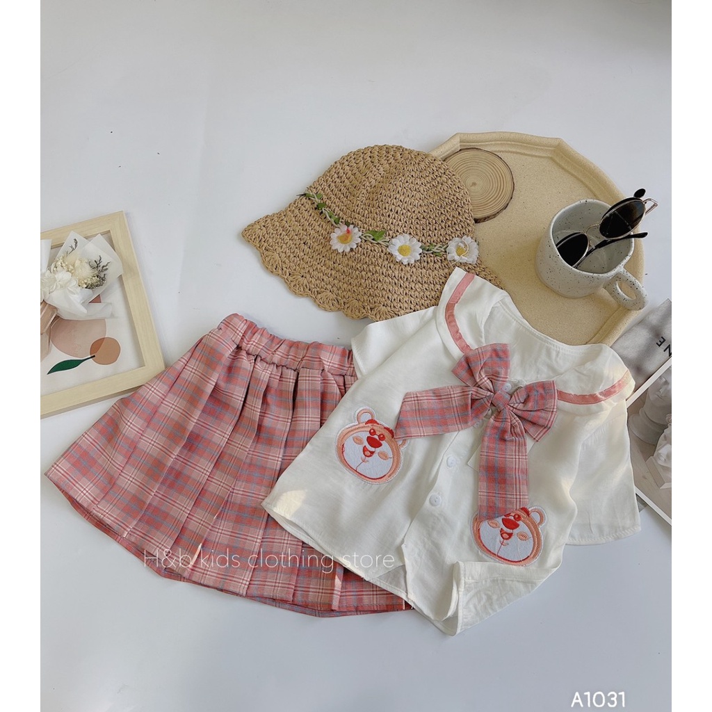 Sét váy xếp ly màu hồng và áo đũi trắng đi học đi chơi đều đẹp nha các mẹ cho bé từ 18-35kg