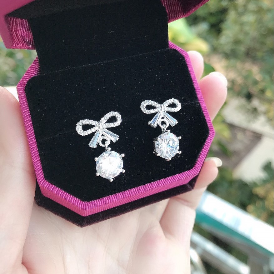 Bông tai bạc hình nơ đính đá li to, chất liệu bạc ta sang trọng nữ tính - Trang sức bạc Evasilver