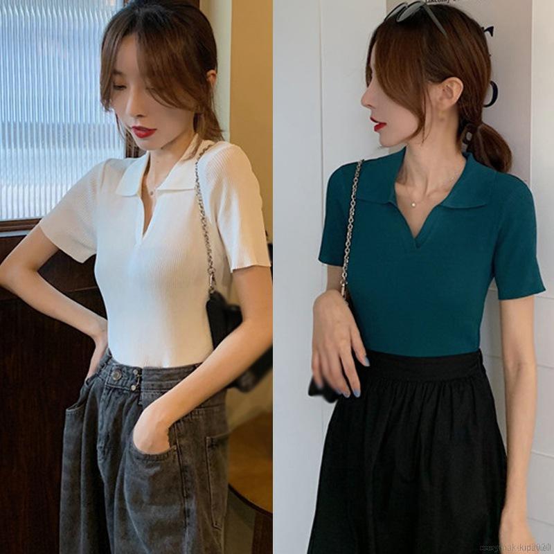 Áo Croptop Dệt Kim Tay Ngắn Cổ Chữ V Phong Cách Hàn Quốc | BigBuy360 - bigbuy360.vn