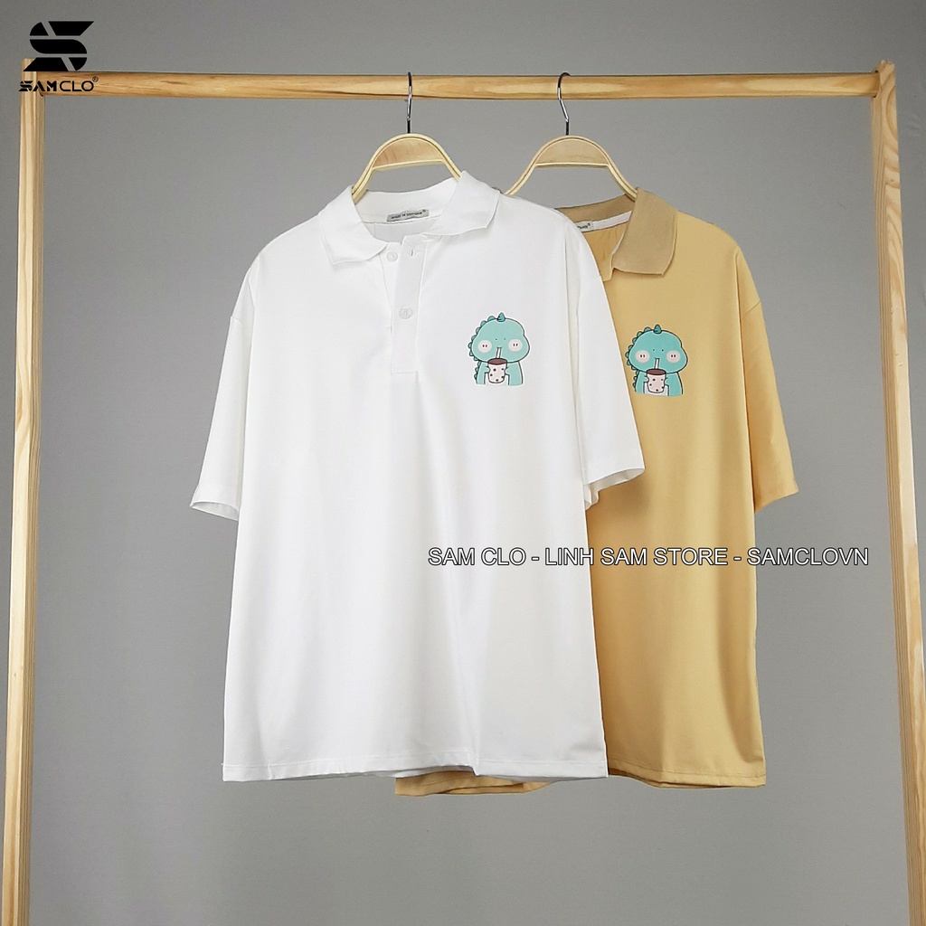 Áo thun Polo form rộng tay lỡ nữ SAM CLO phông freesize unisex mặc đi học, nhóm, lớp in hình KHỦNG LONG XANH TRÀ SỮA