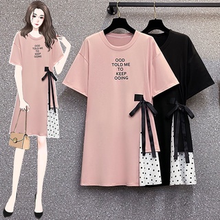 Đầm thun suông Bigsize Váy nữ dáng suông tay ngắn cổ tròn Phối Nơ mùa hè Phong cách Hàn Quốc Thời Trang tiểu thư cá tính xinh đẹp cho người mập béo