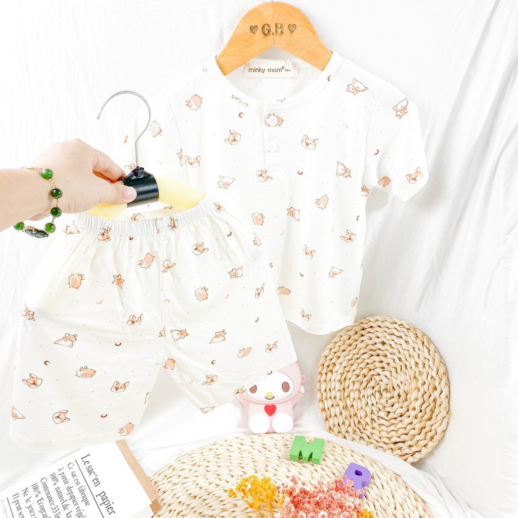 Bộ Cộc Tay Thun Lạnh Minky Mom Cổ Trụ Nền Màu In Họa Tiết Siêu Dễ Thương Cho Bé Unchi Store (QATE321)