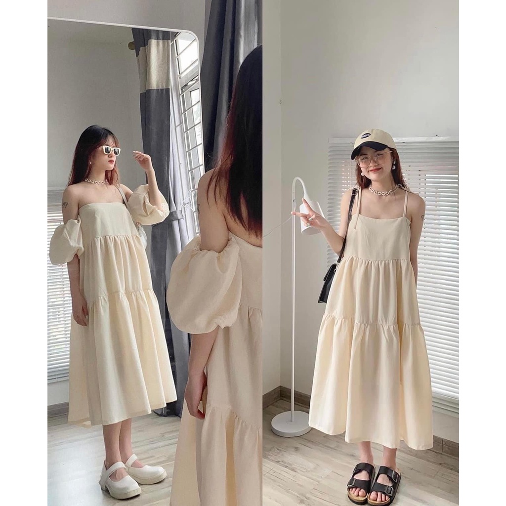 [Ảnh thật/Sẵn]Váy babydoll 2 dây tay bồng tháo rời form rộng xoè chất Đũi xốp/Đầm 2 dây đi biển