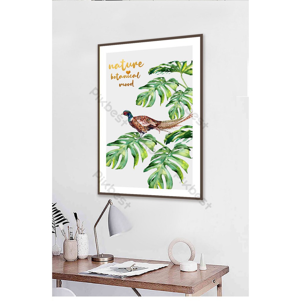 [Freeship] tranh treo tường hình chú chim đậu trên lá cây xanh giá rẻ