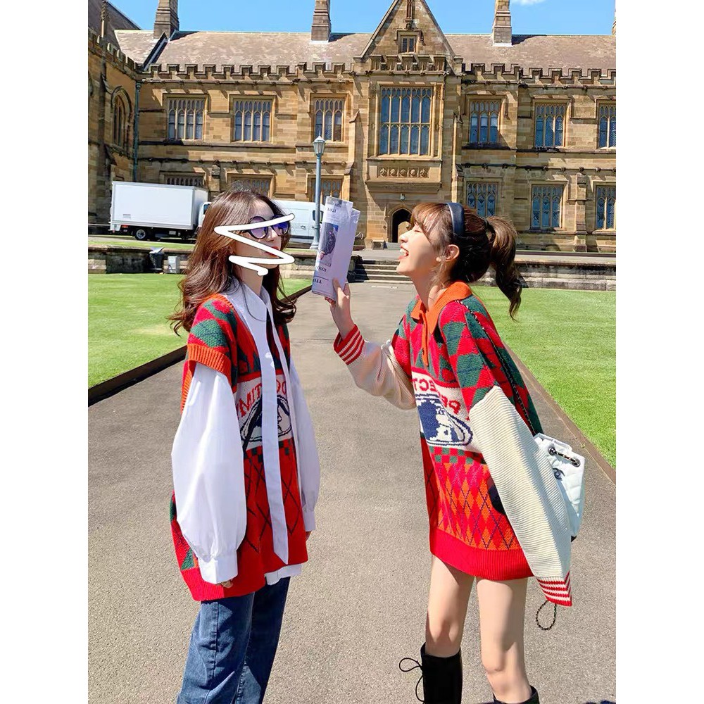 (ORDER) Áo len nữ cổ bẻ POLO họa tiết hình thoi màu đỏ giáng sinh+ Áo len gile form rộng | BigBuy360 - bigbuy360.vn