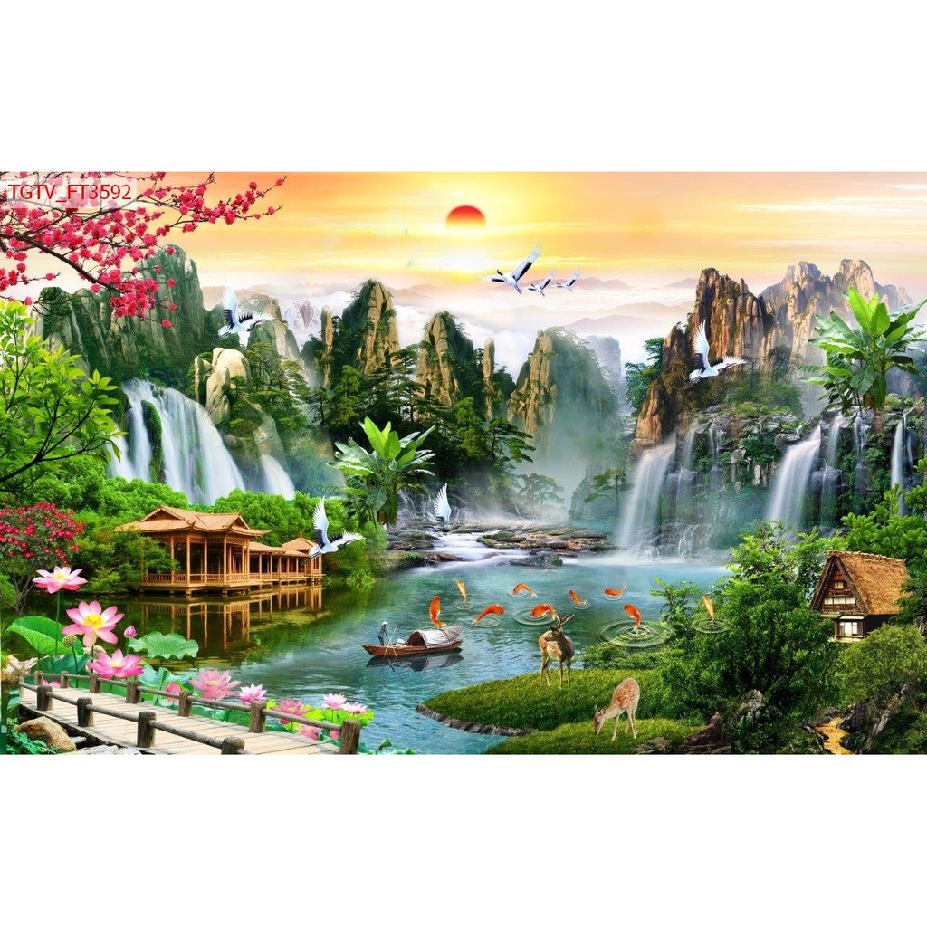 Tranh Dán Tường 3 , Phong Cảnh Thác Nước Thiên Nhiên Đẹp , Só Sẵn Keo , Hình Ảnh Sống Động