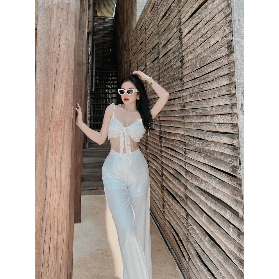 Sét 3 món đi biển đi tiệc màu trắng đũi ren lưới áo có bra cúp ngực size S M
