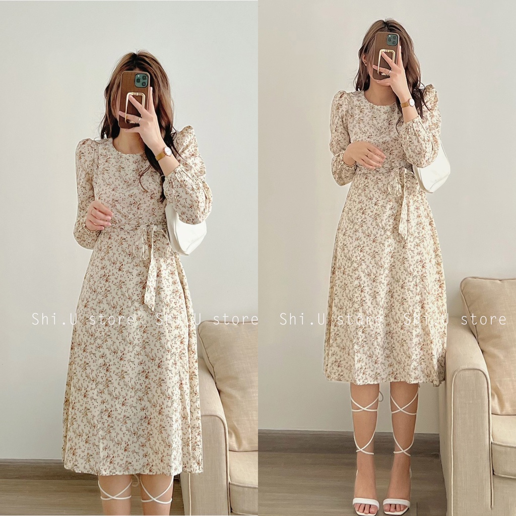 Váy hoa nhí dài tay có dây thắt eo 2 lớp Đầm dáng dài họa tiết hoa cỏ cổ tròn vintage