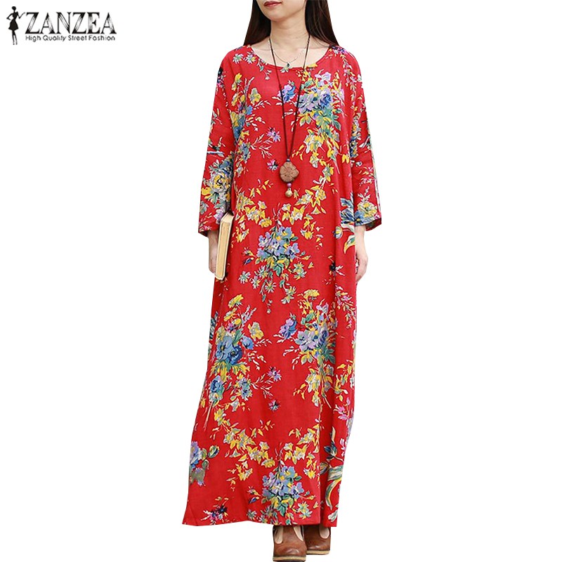 Đầm Maxi ZANZEA Dài Tay Họa Tiết Hoa Vintage Thời Trang Cho Nữ