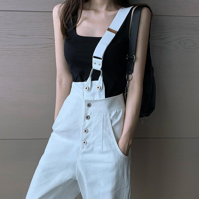Quần yếm denim một vai màu trắng quần dài rộng chân rộng dáng rộng phong cách Hàn Quốc thời trang mẫu mới năm 2022