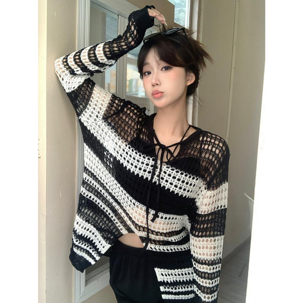 Áo Dệt Kim Tay Dài Dáng Rộng Họa Tiết Kẻ Sọc Thời Trang Cho Nữ