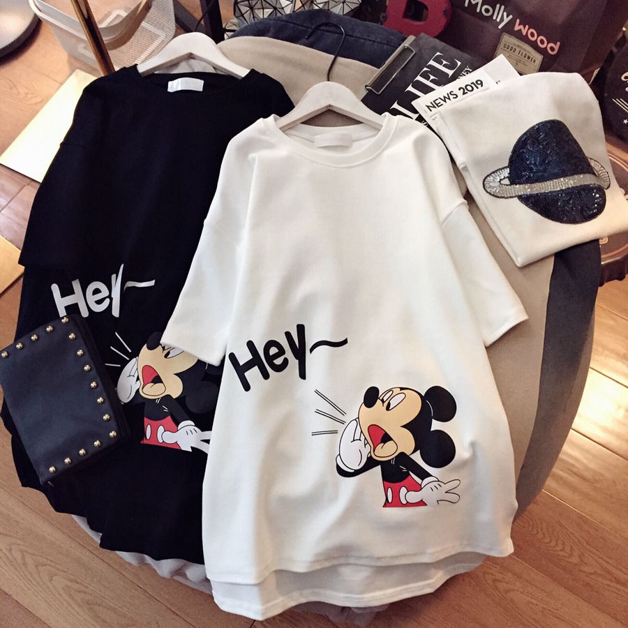 Đầm Thun Tay Ngắn Cổ Tròn Dáng Rộng In Hình Chuột Mickey Plus Size Phong Cách Harajuku Cho Nữ