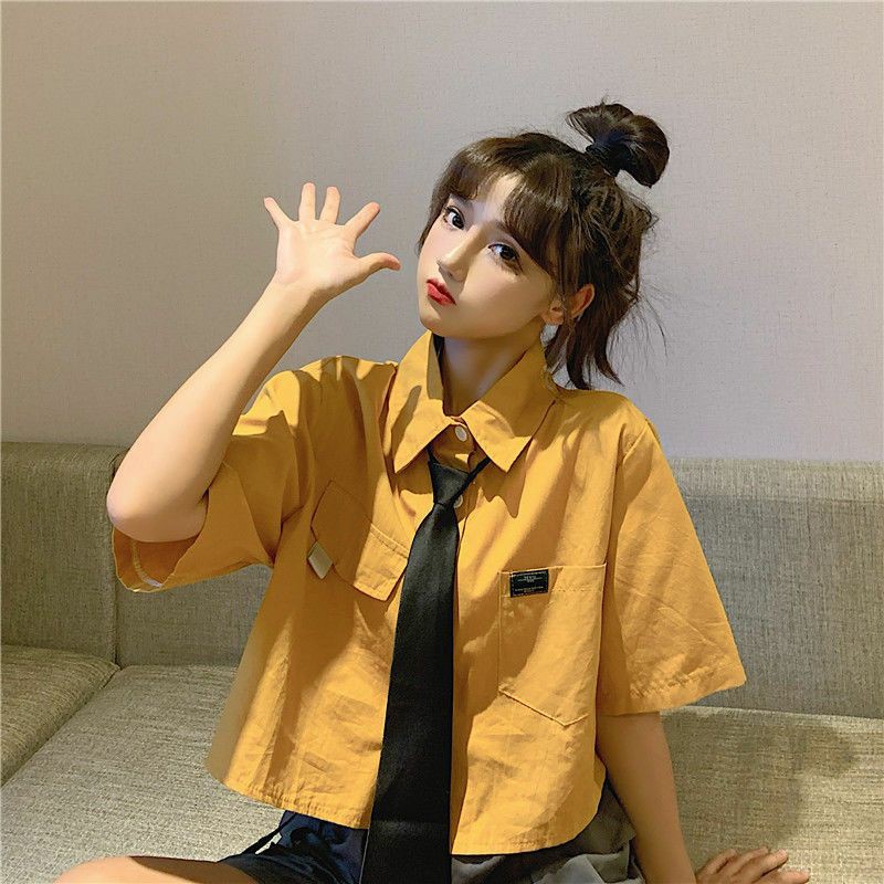 Áo sơ mi croptop siêu phẩm kèm cà vạt đen thời trang màu trái cây nữ sinh Hàn Quốc có size