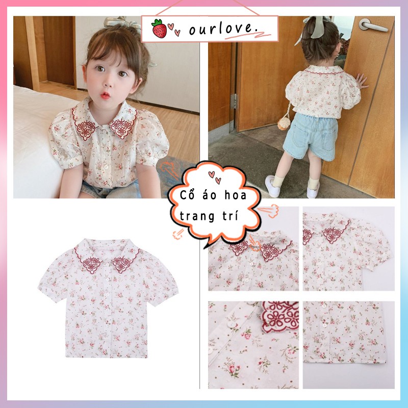 ✾Quần áo trẻ em, bé gái, cotton retro, mùa hè kiểu tây hoa, ngắn tay cho bé, sơ mi mỏng