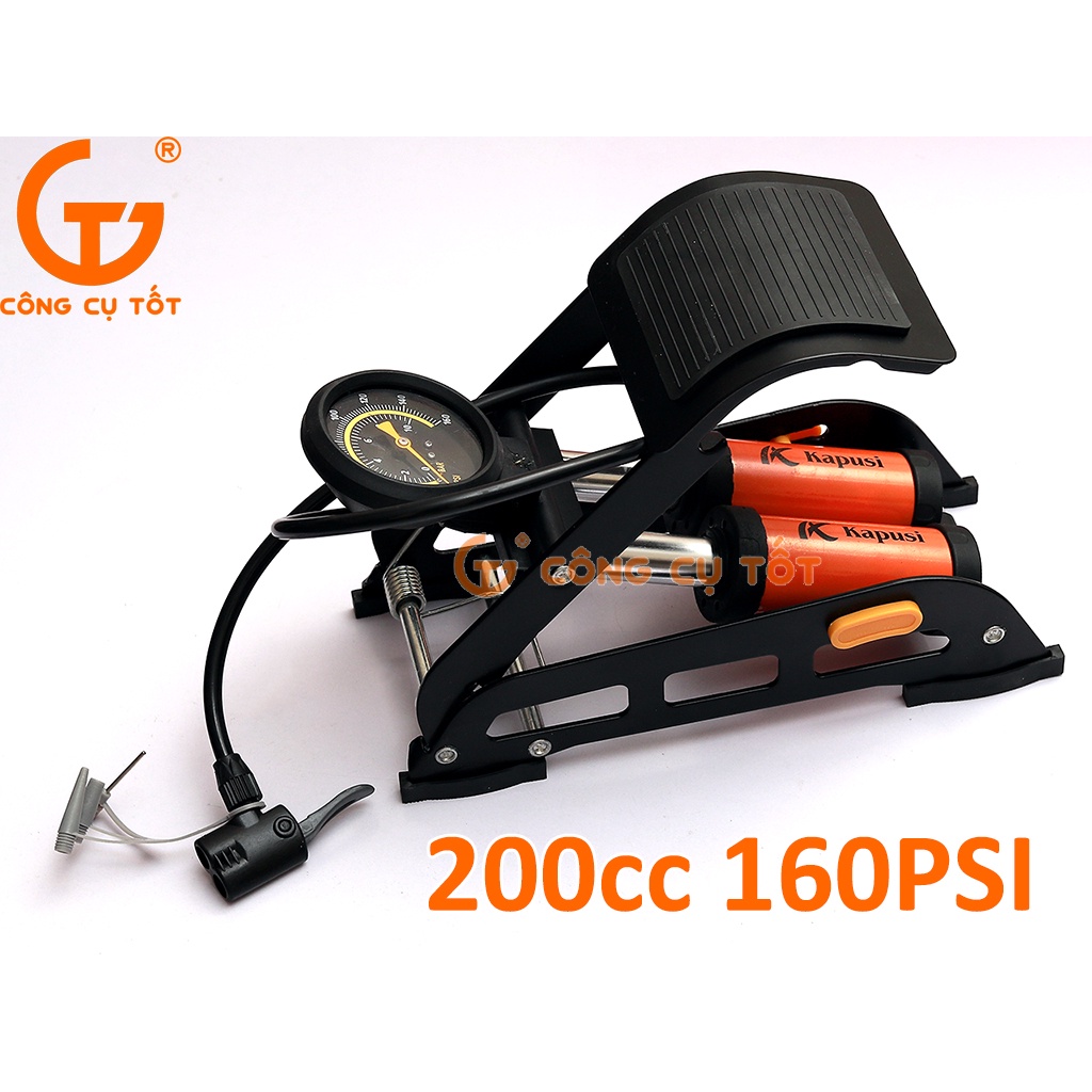 Bơm xe đạp chân 2 pitong 200cc áp 160psi 11.4 cân hơi KAPUSI K-3036